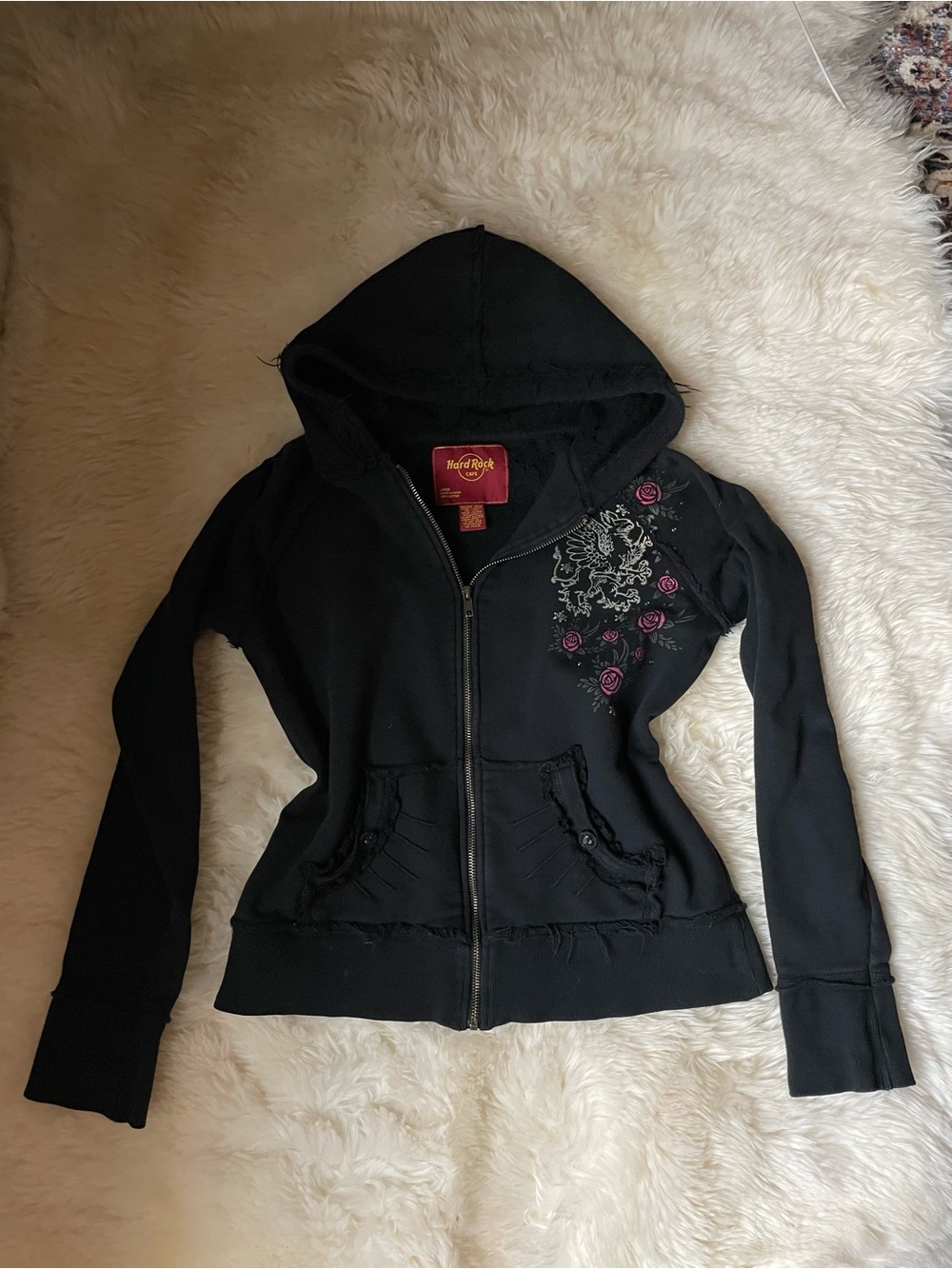 Vintage rare Hard Rock Cafe San Diego Black lace & skull zip up hoodie Size L